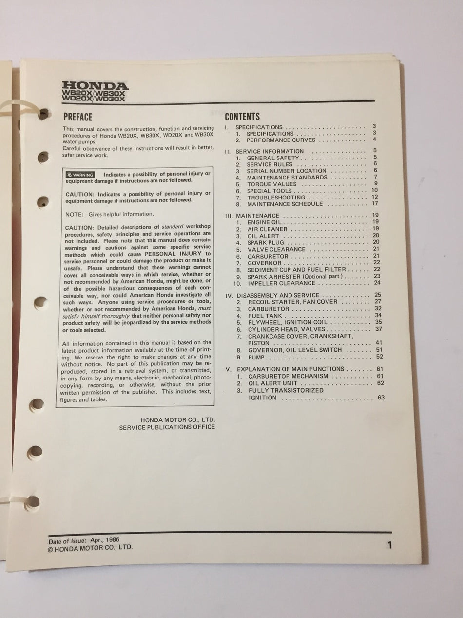 HONDA WB20X WB30X WD20X WD30X WATER PUMP SHOP MANUAL 61YB410 WITH SUPPLEMENT