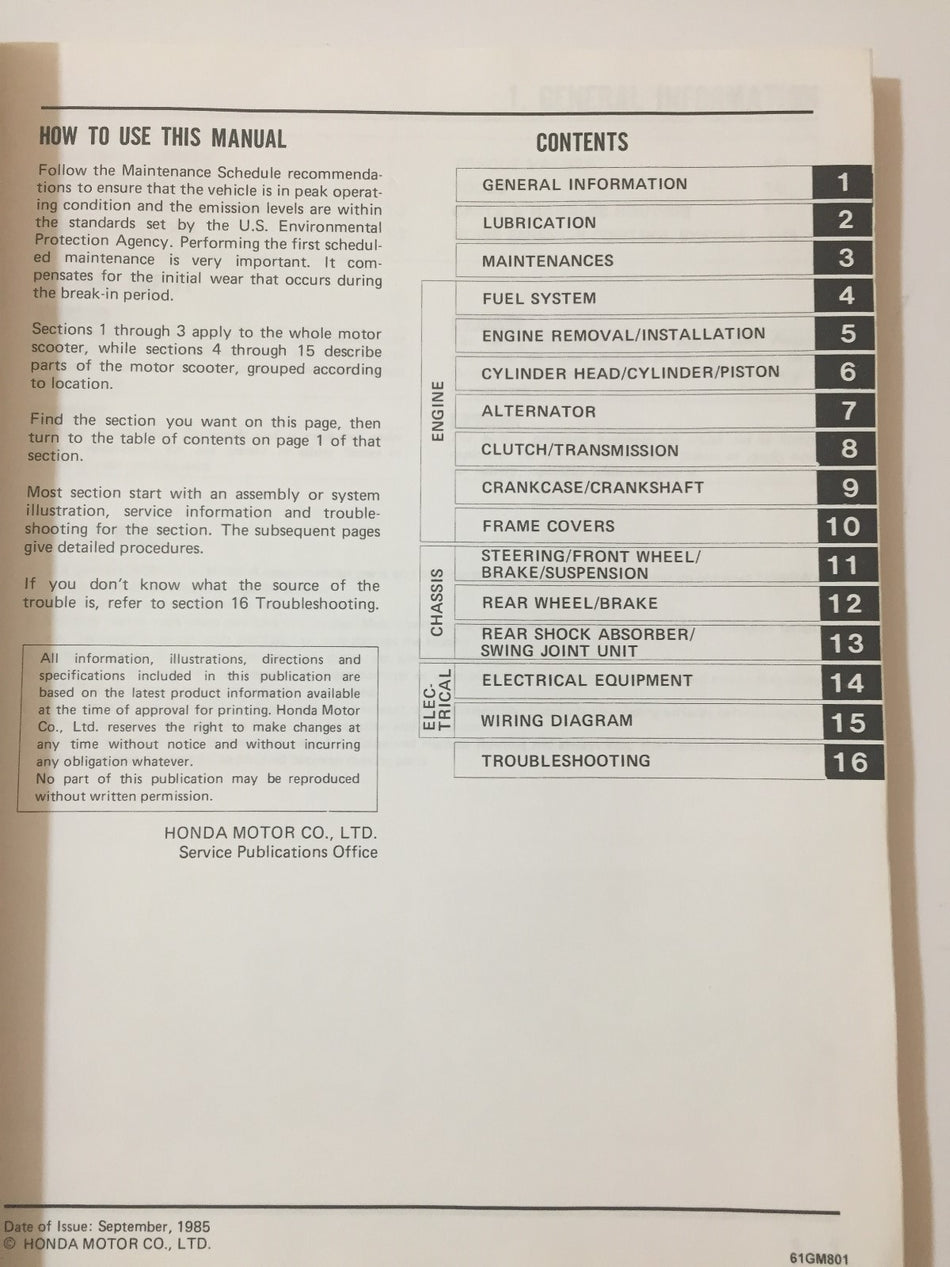 HONDA TG50M SERVICE MANUAL 1985 1986