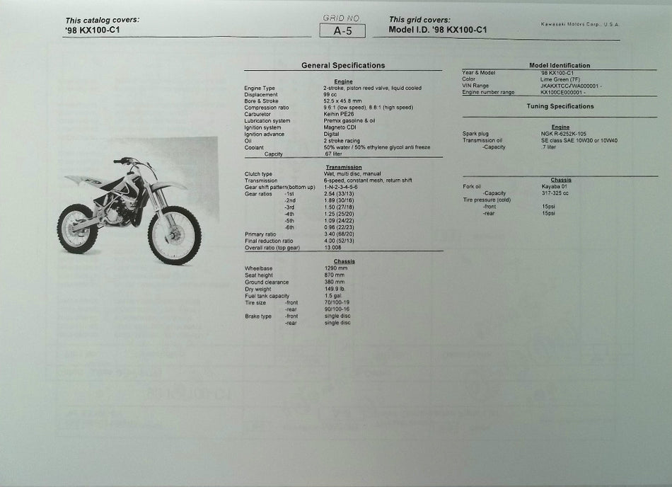 GENUINE KAWASAKI KX100-C1 PARTS LIST CATALOG 1998