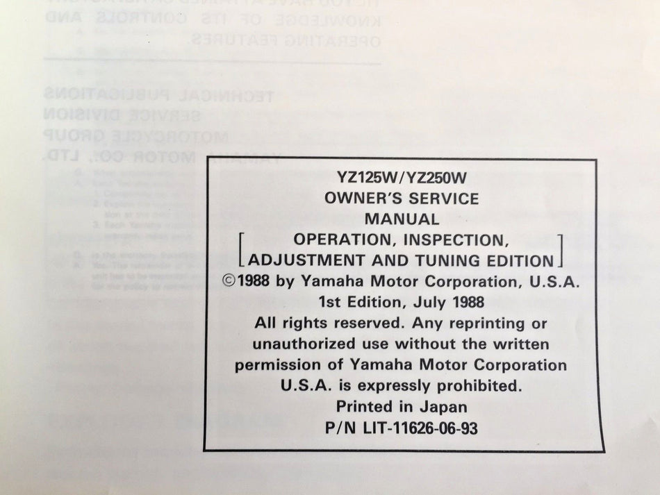 GENUINE YAMAHA YZ125W/250W OWNER'S SERVICE MANUAL