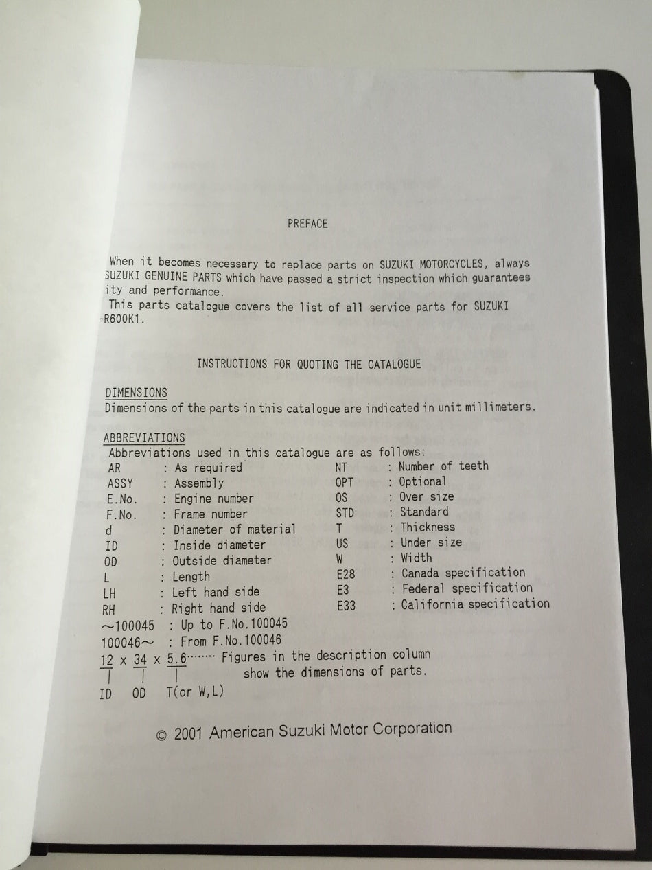 SUZUKI GSX-R600K1 PARTS BOOK MANUAL GSX-R 600