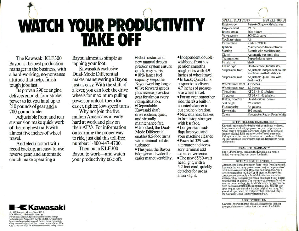 OEM KAWASAKI 1988 KLF300 Sales Brochure