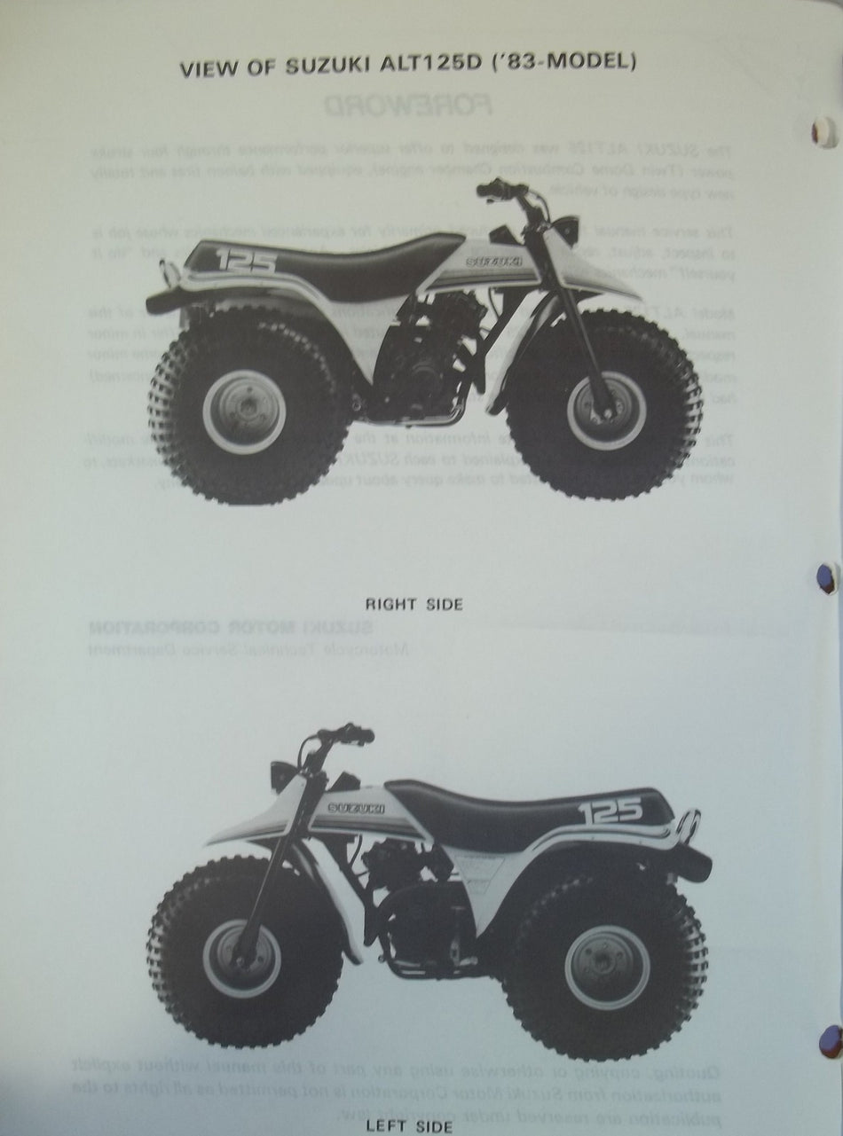 GENUINE SUZUKI ALT125 ATV SERVICE MANUAL ALT 125 E F G 83-86