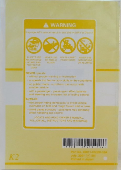 OEM SUZUKI LT-A500F OWNER MANUAL Printed 2001 ATV 99011-03G50-03A