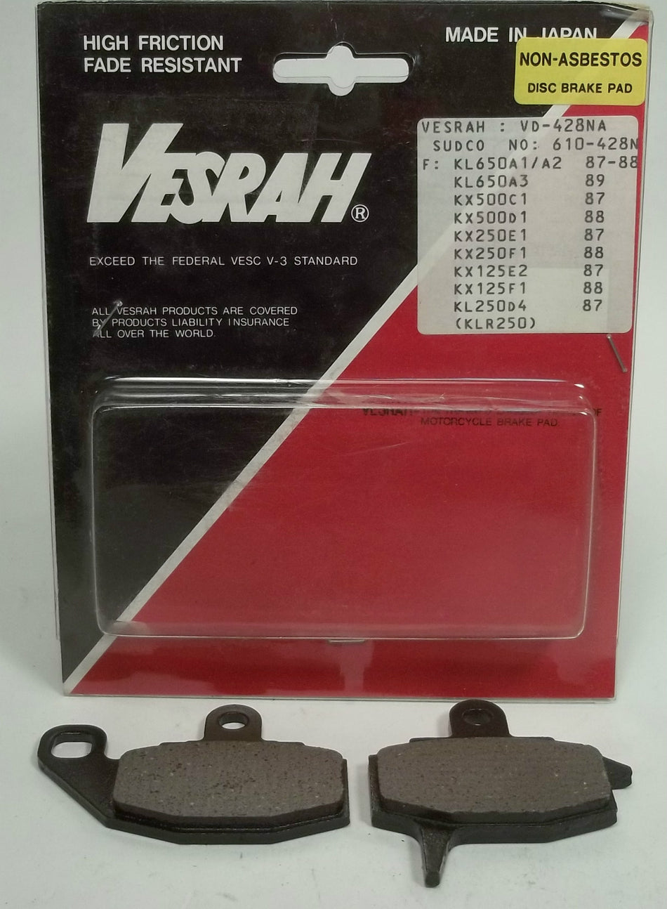 VESRAH FRONT BRAKE PADS FA130 Kawasaki KX125 KX250 KX500 KL650