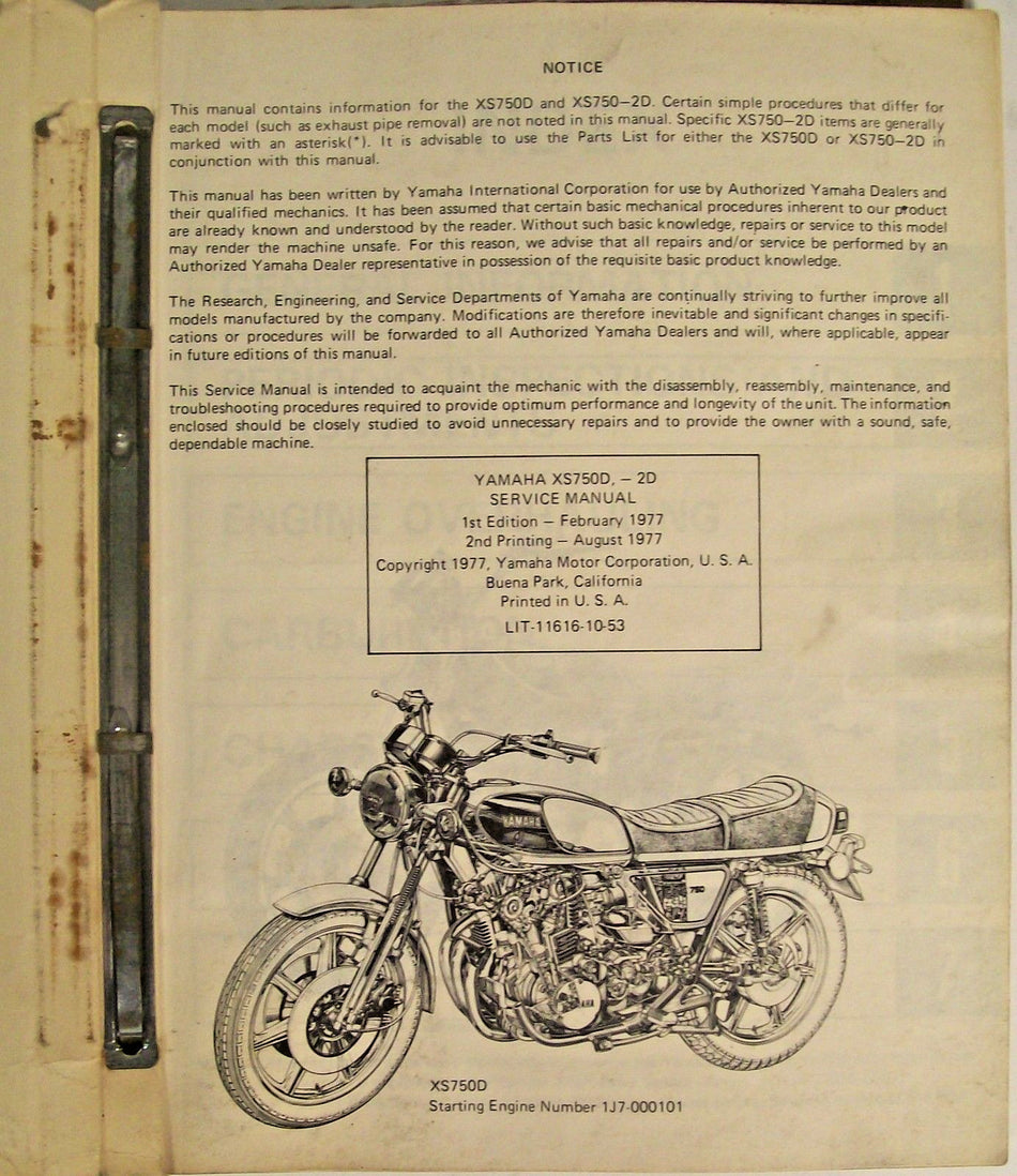 YAMAHA XS750D-2D XS 750 D-2D TRIPLE SERVICE MANUAL VINTAGE!