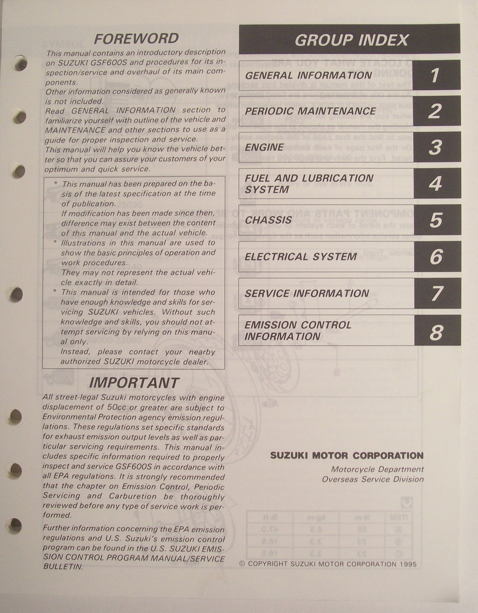 GENUINE SUZUKI GSF600S SERVICE MANUAL