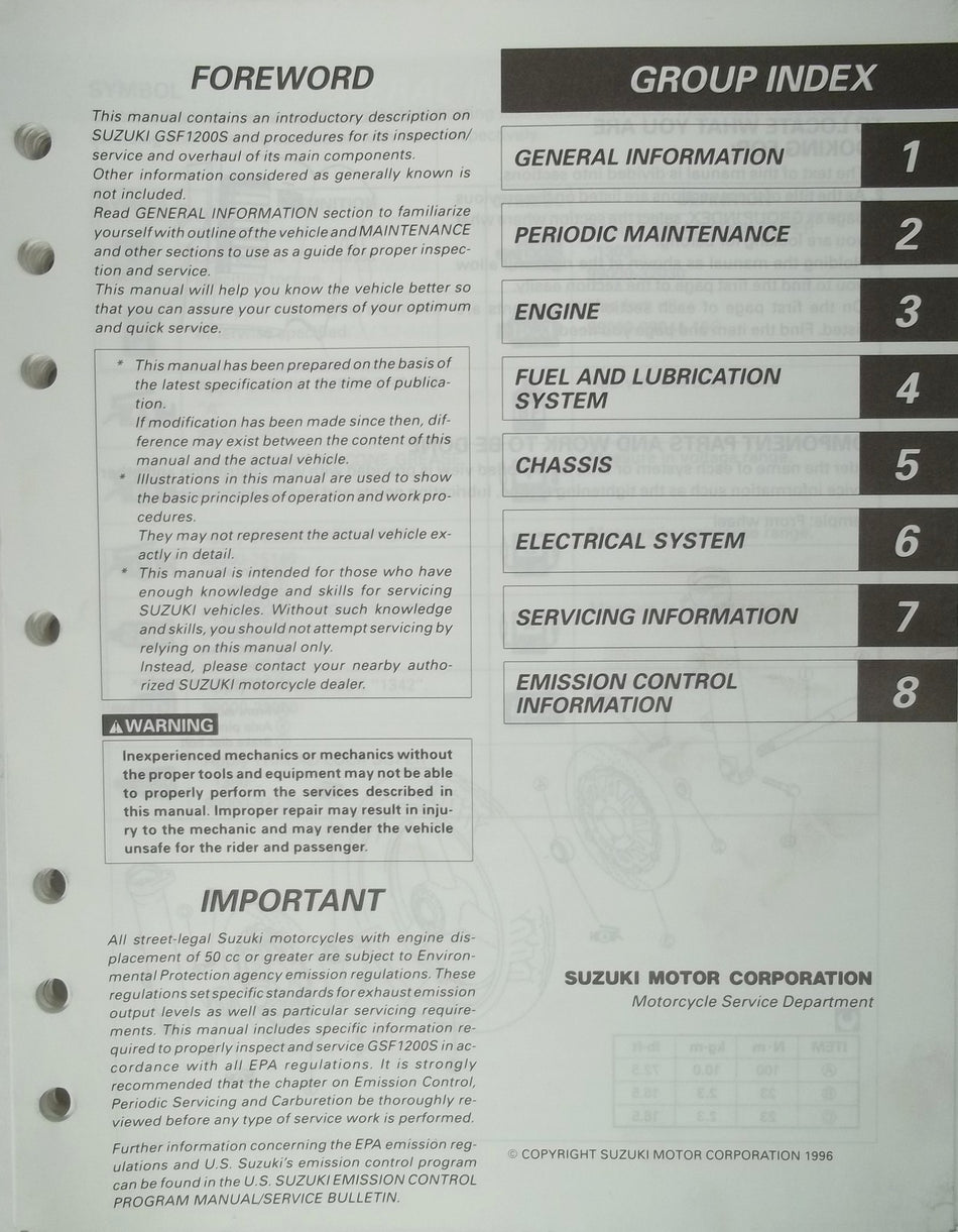 GENUINE SUZUKI GSF1200S SERVICE MANUAL GS 1200 S