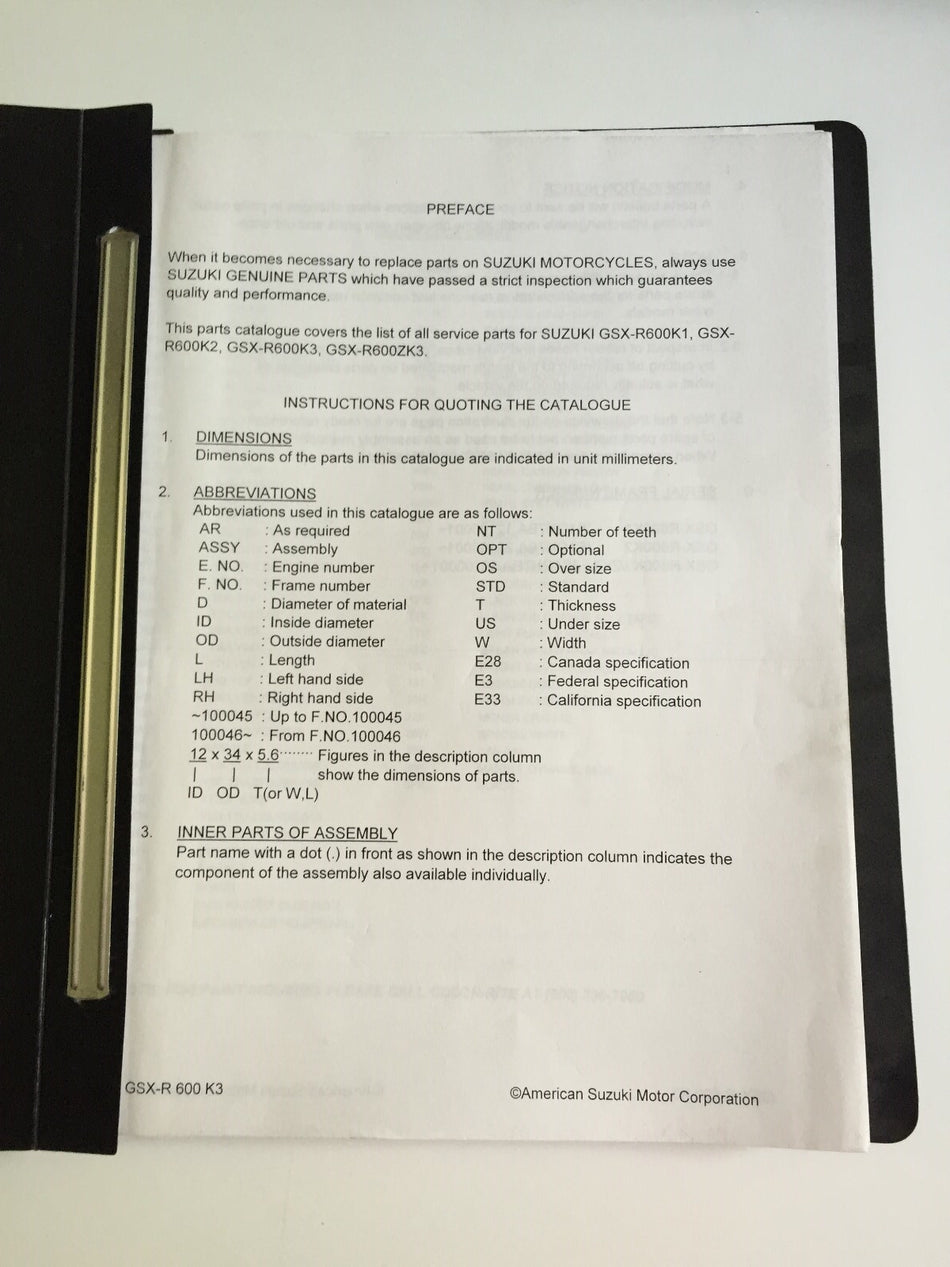 SUZUKI GSX-R600K3 PARTS BOOK MANUAL