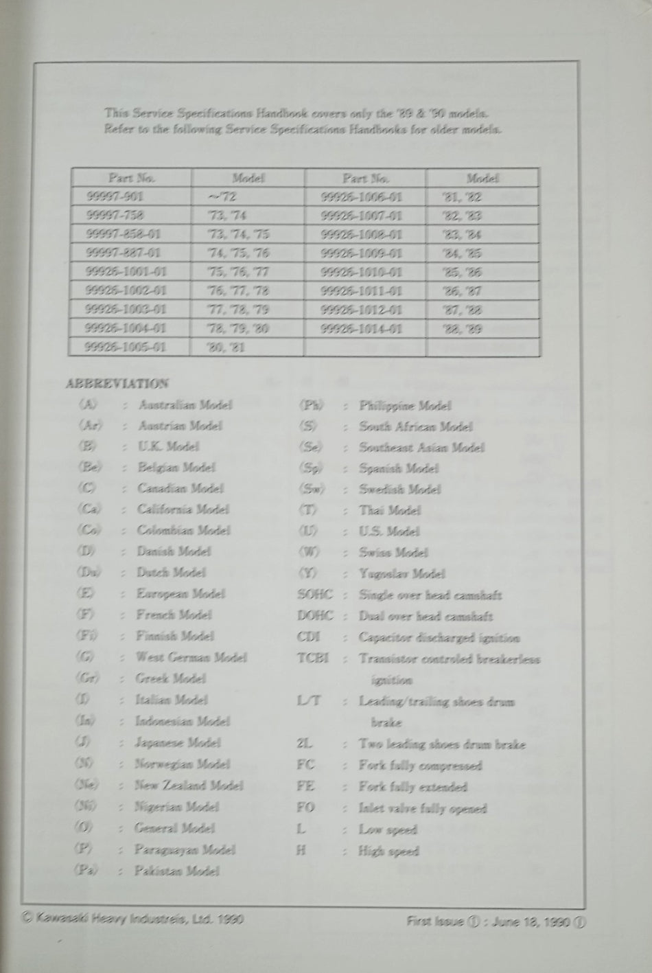 GENUINE KAWASAKI SERVICE SPECIFICATIONS HANDBOOK 89-90