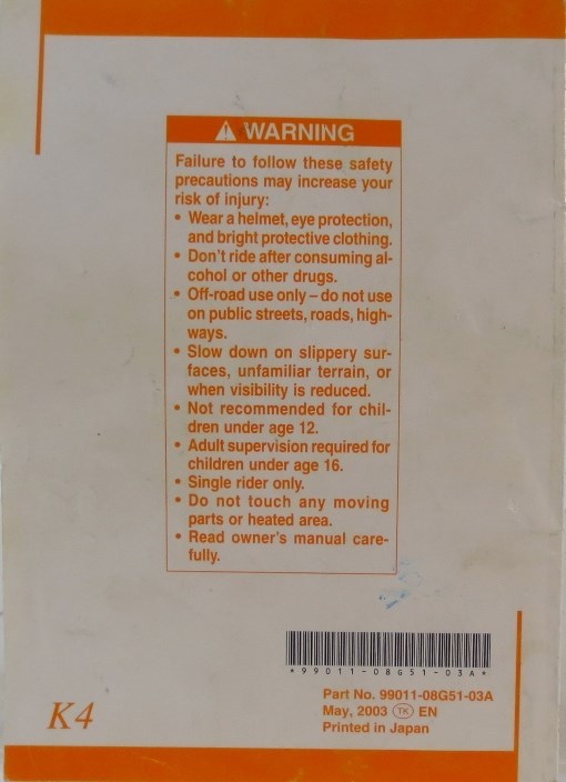 OEM SUZUKI DR-Z125/L OWNER MANUAL Printed 2003 99011-08G51-03A