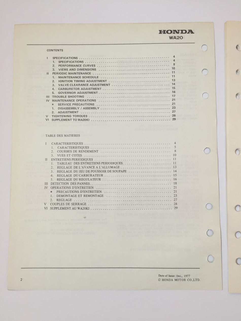 HONDA WA20 WATER PUMP SHOP MANUAL