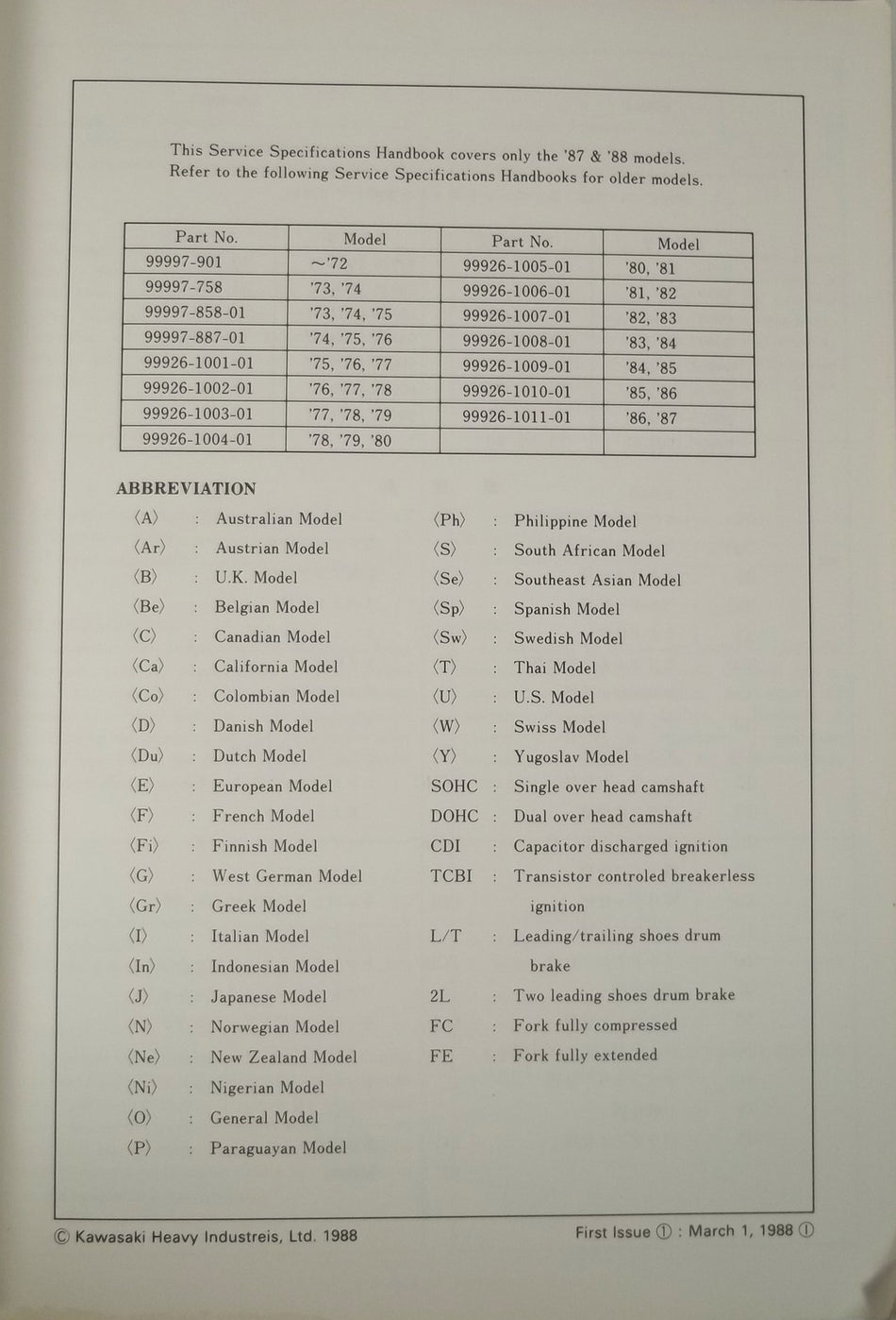 GENUINE KAWASAKI SERVICE SPECIFICATIONS HANDBOOK 87-88