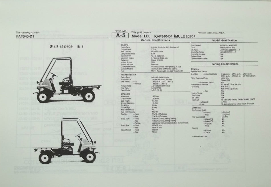 GENUINE KAWASAKI KAF540-D1 Mule 2020 PARTS LIST CATALOG Turf