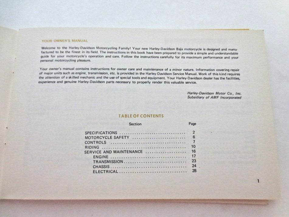 NOS AMF HARLEY BAJA 1972 OWNER'S MANUAL