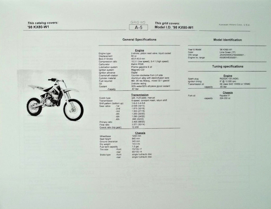 GENUINE KAWASAKI KX80-W1 PARTS LIST CATALOG 1998